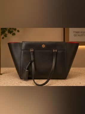 Tory Burch Dark Navy Leather Zip Top Tote Red Interior Shoulder Bag